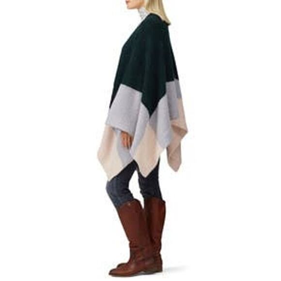ELK Kulture Wrap Blockknit Poncho Green Light Blue Colorblock Wool Alpaca Blend - Picture 3 of 12